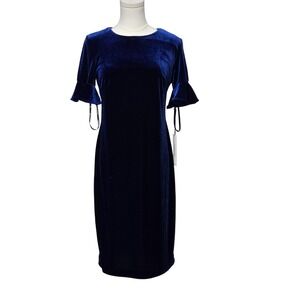 Calvin Klein Dress Womens 8 Navy Blue‎ Velvet Sheath Ruffle Sleeve Cocktail Zip
